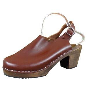 Lotta From Stockholm Womens Slingback Clogs Size 40 Brown Leather Wood Heel